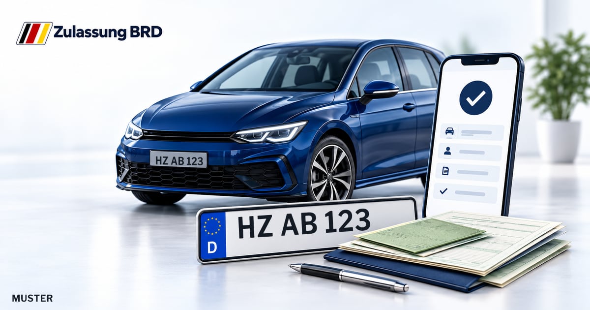 Online Fahrzeugzulassung in Blankenburg (Harz): Musterkennzeichen HZ AB 123, Auto und Fahrzeugpapiere und Smartphone. Illustration mit Logo von Zulassung BRD.